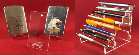 Présentoirs en plexiglas pour collections de stylos et de briquets