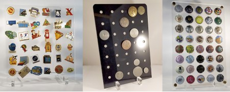 Présentoirs en plexiglas pour pin's, boutons et muselets de champagne